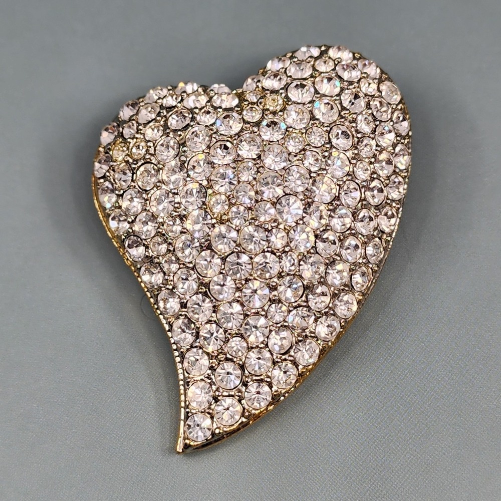 Clear Rhinestone Heart Brooch Gold Tone Pave Romantic Glam Statement Love Pin